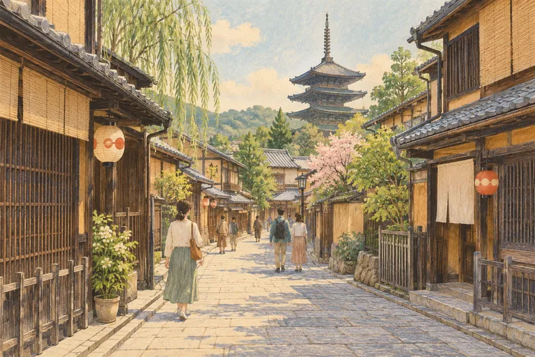 Illustration originale à la gouache des rues publiques de Gion ; une impression interprétative, et non une carte de navigation.