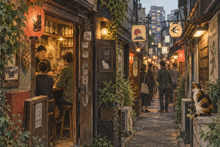 Illustrazione originale a guazzo di Shinjuku Golden Gai; un'interpretazione figurativa, non una mappa di navigazione.