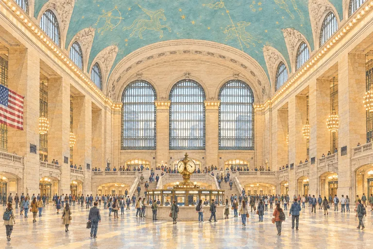 Original gouache illustration of Grand Central Terminal; an interpretive impression, not a navigation map.