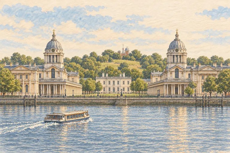 Illustrazione originale a guazzo di Greenwich; un'interpretazione figurativa, non una carta nautica.