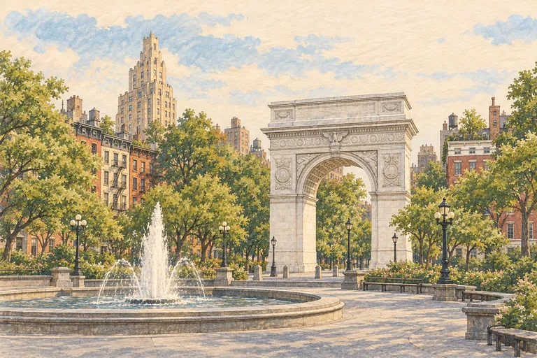 Original gouache illustration of Greenwich Village; an interpretive impression, not a navigation map.