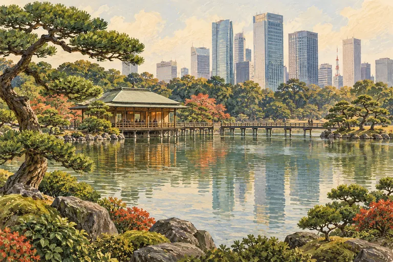 Original gouache illustration: Tea pavilion, wooden bridge, pond and distant skyline.