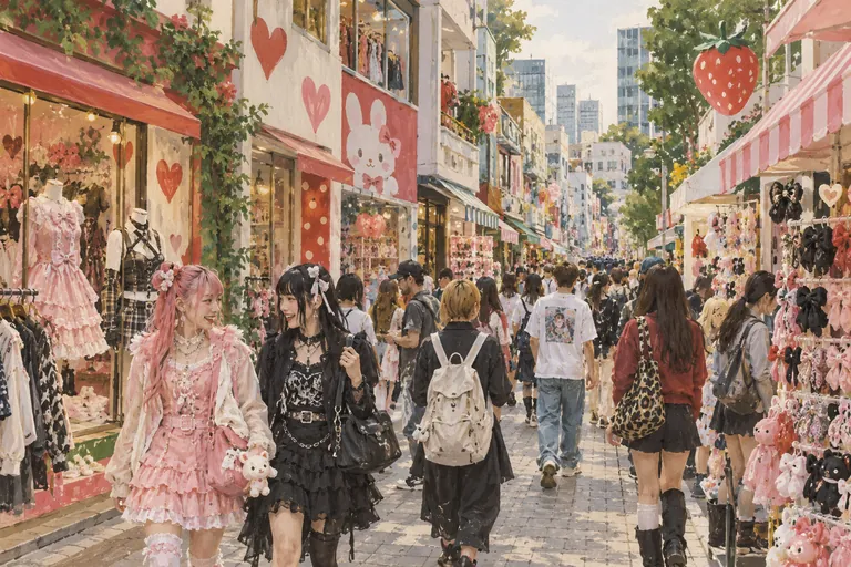 Original gouache illustration of Harajuku & Takeshita Street; an interpretive impression, not a navigation map.