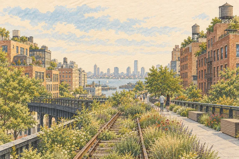 Original gouache illustration of The High Line; an interpretive impression, not a navigation map.
