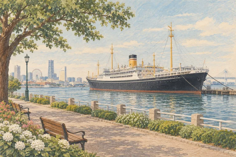 Illustration originale à la gouache du Hikawa Maru ; une impression interprétative, et non une carte de navigation.