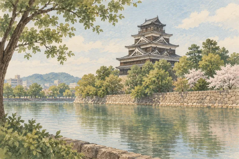 Illustration originale à la gouache du domaine du château d'Hiroshima ; une impression interprétative, et non une carte de navigation.