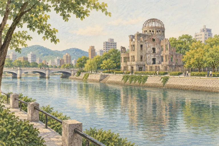 Illustration originale de Hiroshima, dans le style commun de Paper City Guide.