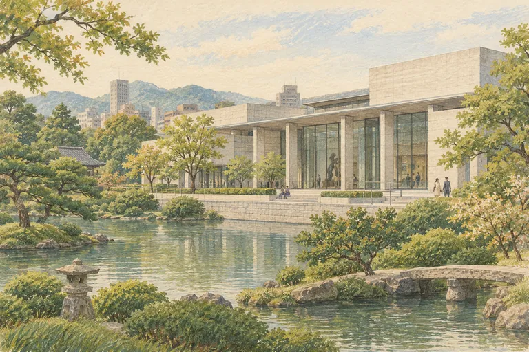 Illustration originale à la gouache du Musée d'art préfectoral d'Hiroshima ; une impression interprétative, et non une carte de navigation.