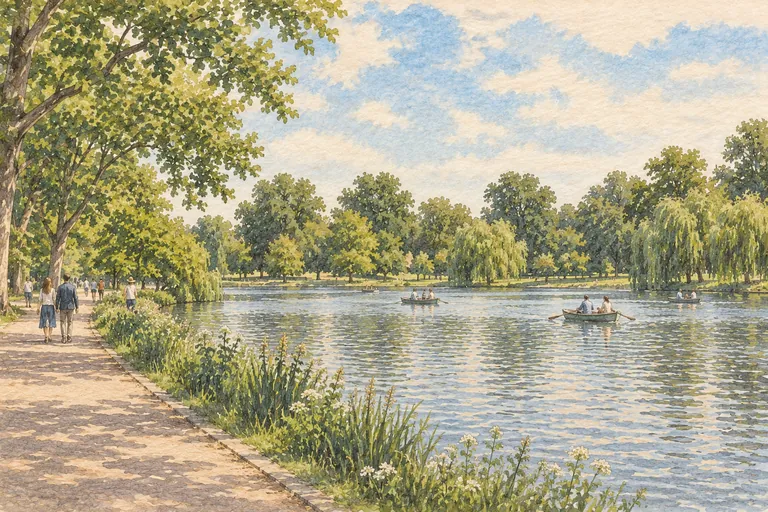Illustrazione originale a guazzo di Hyde Park; un'interpretazione figurativa, non una mappa di navigazione.