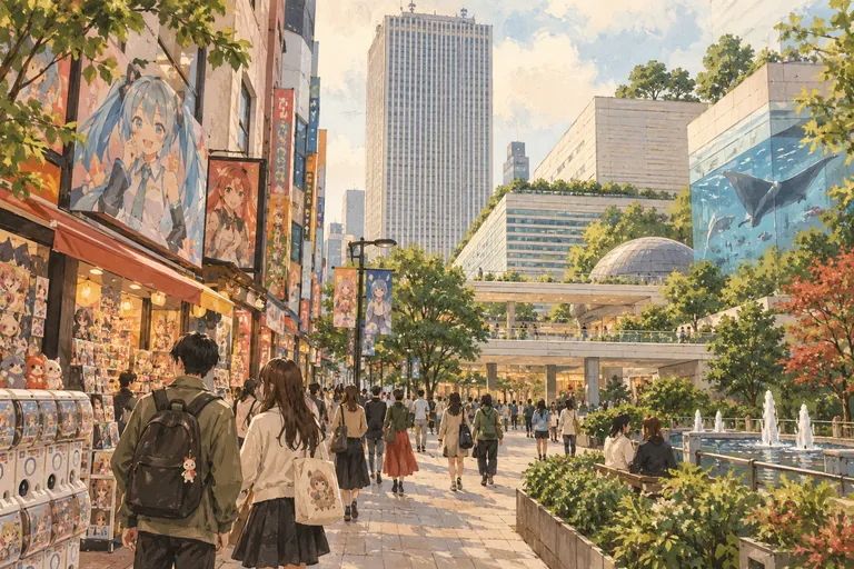 Originale Gouache-Illustration von Ikebukuro & Sunshine City Walk; eine interpretative Darstellung, keine Navigationskarte.