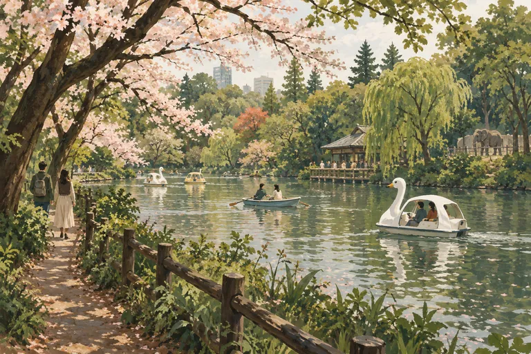 Original gouache illustration of Inokashira Park; an interpretive impression, not a navigation map.