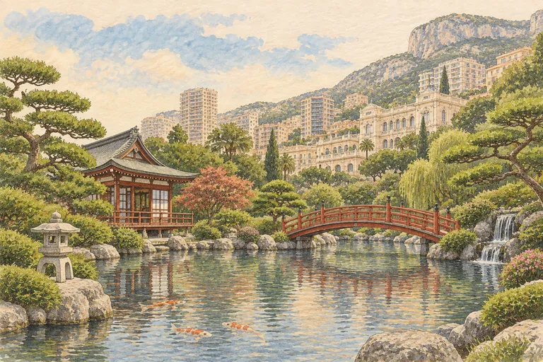 日本庭園を描いたオリジナルのグワッシュ画。解釈的な印象を示すものであり、地図ではありません。