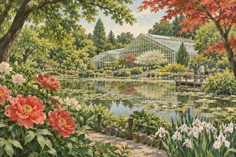Original gouache illustration of Jindai Botanical Gardens; an interpretive impression, not a navigation map.