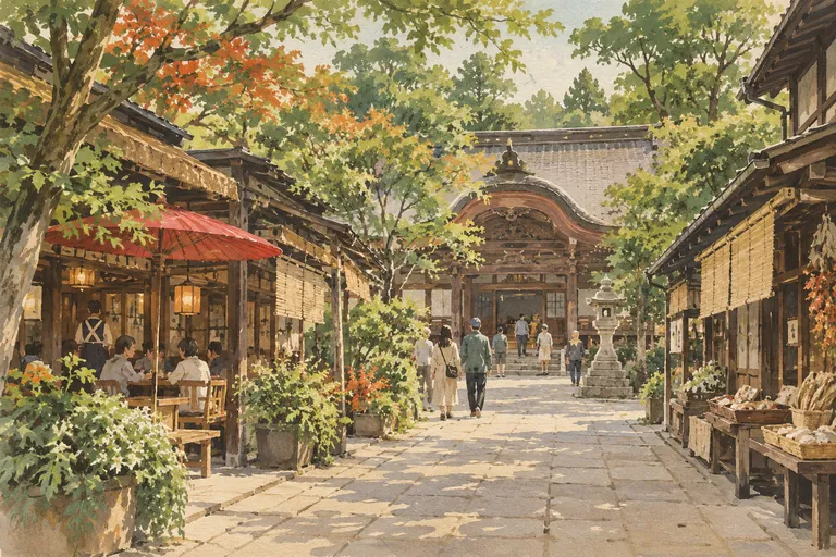 Original gouache illustration of Jindaiji & Soba Streets; an interpretive impression, not a navigation map.