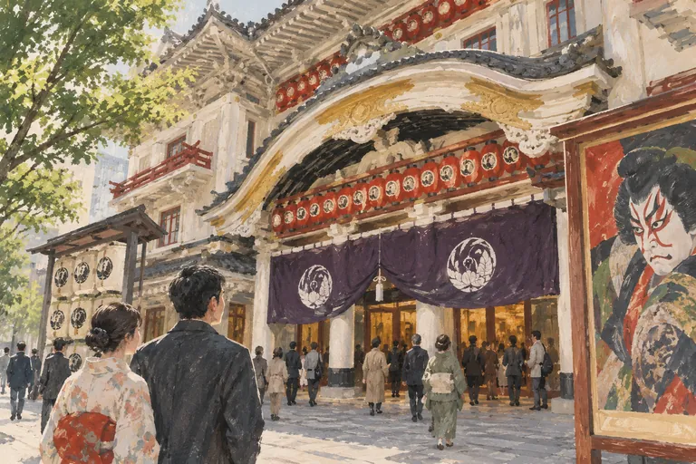 Original gouache illustration of Kabukiza: Seeing Kabuki; an interpretive impression, not a navigation map.