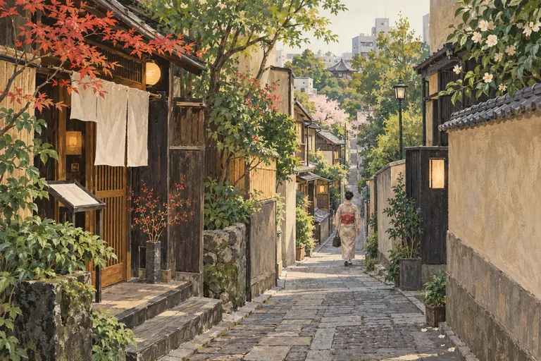 Original gouache illustration of Kagurazaka Backstreets; an interpretive impression, not a navigation map.
