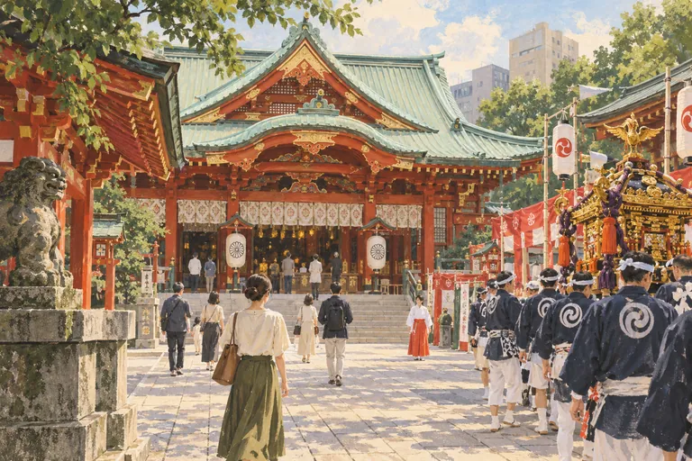 Ilustración original en gouache de Kanda Myojin; una interpretación, no un mapa de navegación.