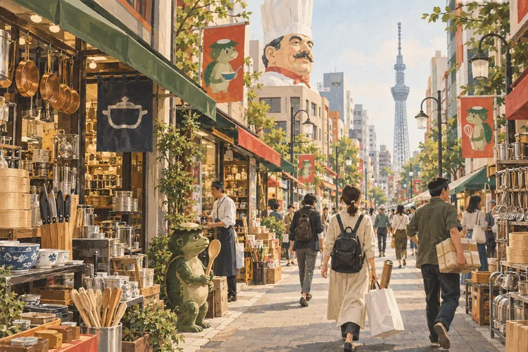 Original gouache illustration of Kappabashi Kitchenware Town; an interpretive impression, not a navigation map.