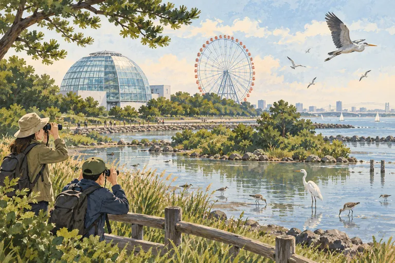 Original gouache illustration of Kasai Rinkai Park; an interpretive impression, not a navigation map.