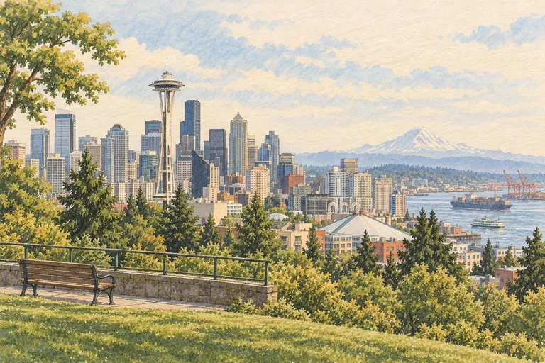 Illustrazione originale a guazzo di Kerry Park; un'interpretazione figurativa, non una carta nautica.