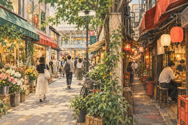 Original gouache illustration of Kichijoji Shopping Streets & Harmonica Yokocho; an interpretive impression, not a navigation map.