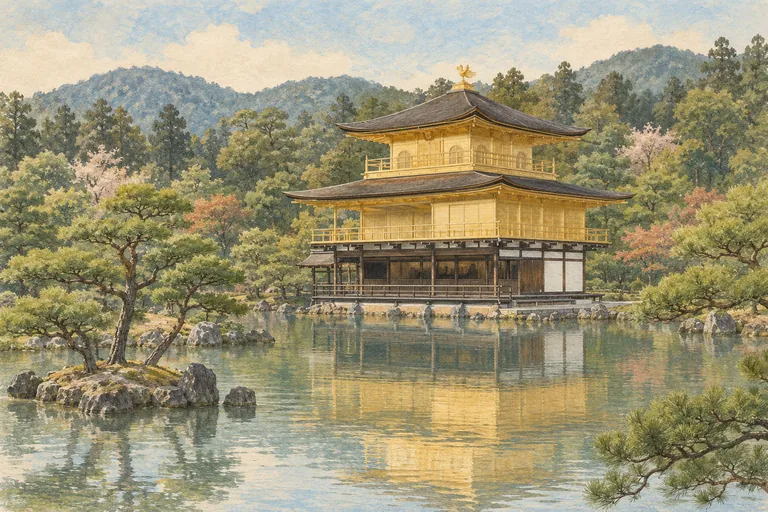 Illustration originale à la gouache du Kinkaku-ji ; une impression interprétative, et non une carte de navigation.