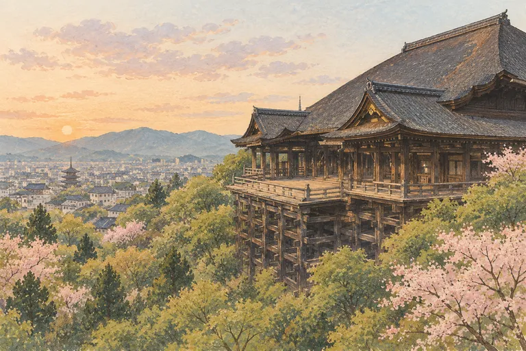 Illustration originale à la gouache du Kiyomizu-dera ; une impression interprétative, et non une carte de navigation.
