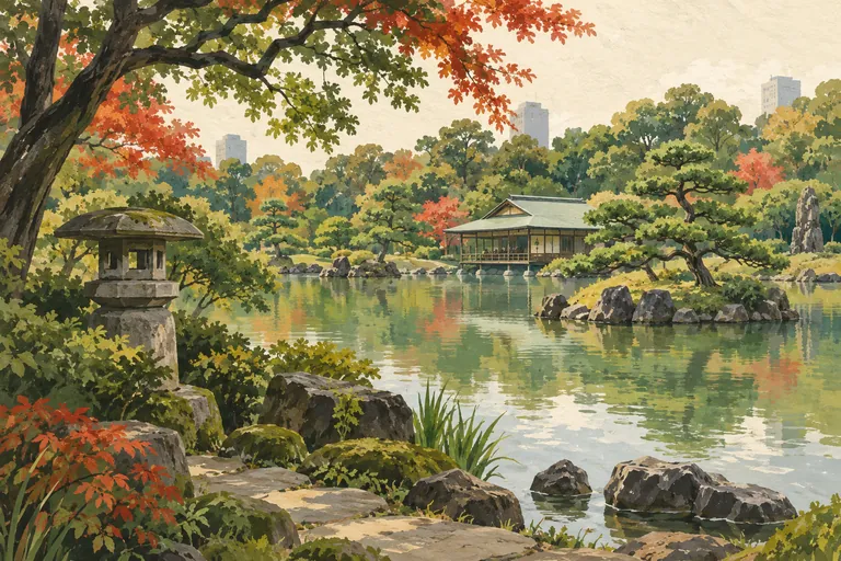 Original gouache illustration of Kiyosumi Gardens; an interpretive impression, not a navigation map.