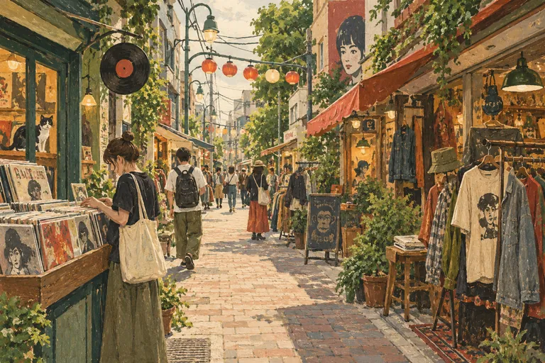 Original gouache illustration of Koenji Vintage & Music Streets; an interpretive impression, not a navigation map.