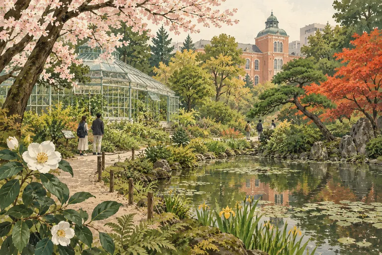 Original gouache illustration of Koishikawa Botanical Gardens; an interpretive impression, not a navigation map.