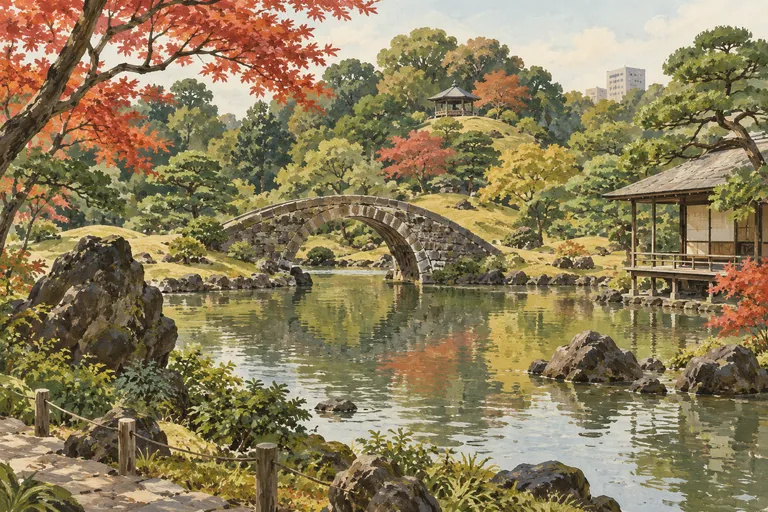 Originale Gouache-Illustration von Koishikawa Korakuen; eine interpretative Darstellung, keine Navigationskarte.