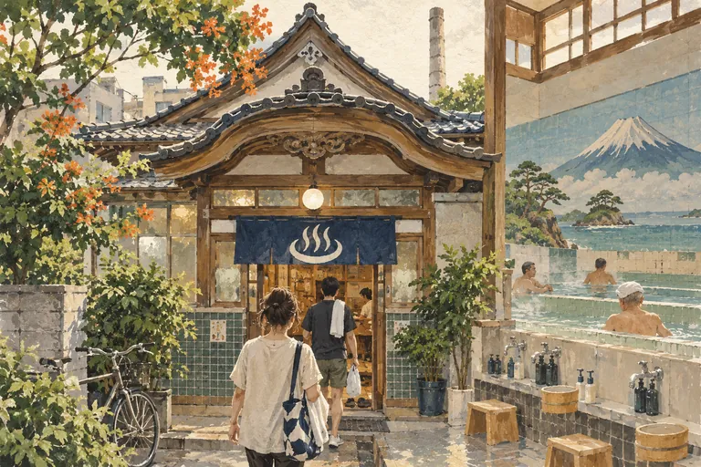 Original gouache illustration of Kosugiyu: A Koenji Sento Visit; an interpretive impression, not a navigation map.