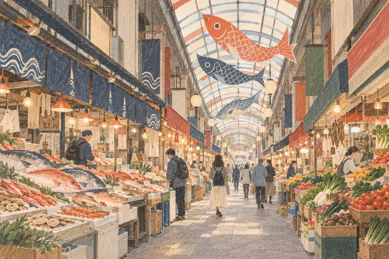 Illustration originale à la gouache du marché de Kuromon ; une impression interprétative, et non une carte de navigation.