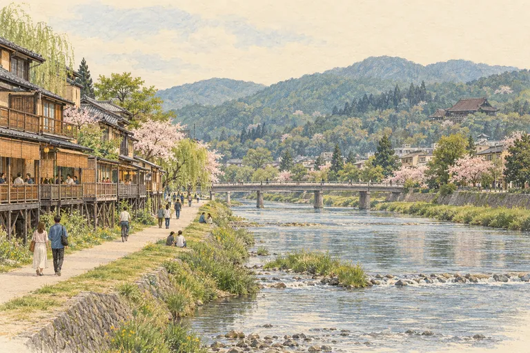 Illustration originale de Kyoto, dans le style commun de Paper City Guide.