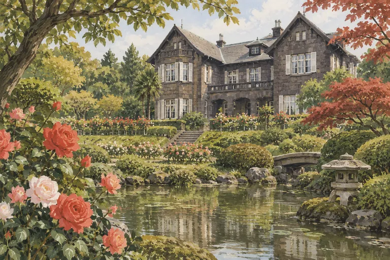 Original gouache illustration of Kyu-Furukawa Gardens; an interpretive impression, not a navigation map.