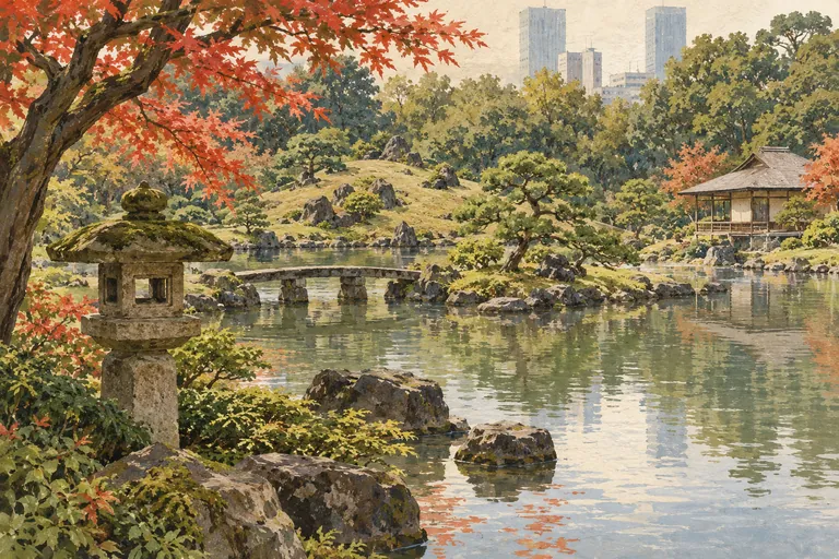 Illustrazione originale a guazzo dei giardini di Kyu-Shiba-rikyu; un'interpretazione figurativa, non una mappa di navigazione.