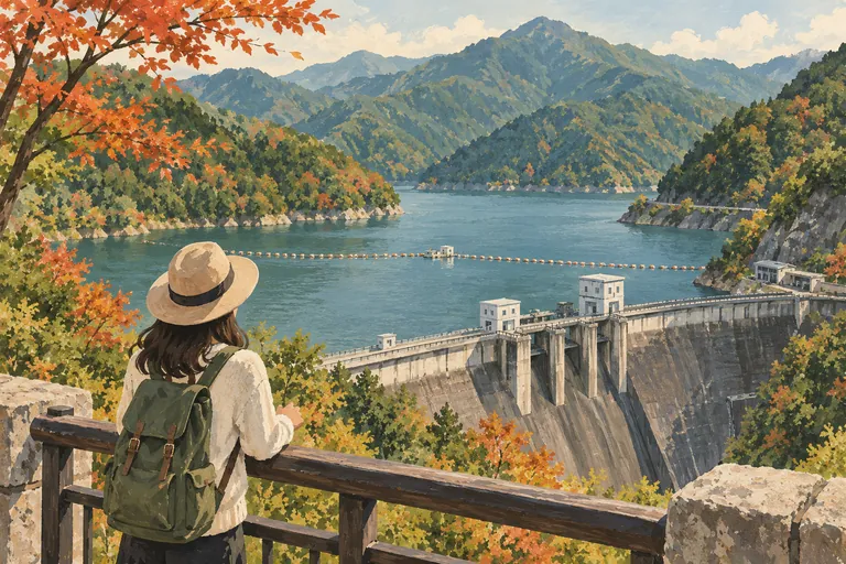 Originale Gouache-Illustration des Okutama-Sees und des Ogouchi-Staudamms; eine interpretative Darstellung, keine Navigationskarte.