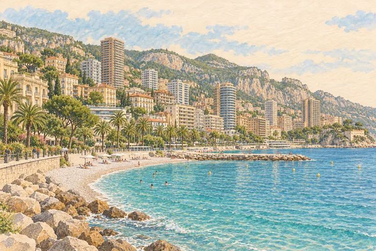 Illustrazione originale a guazzo della spiaggia di Larvotto; un'interpretazione figurativa, non una carta nautica.