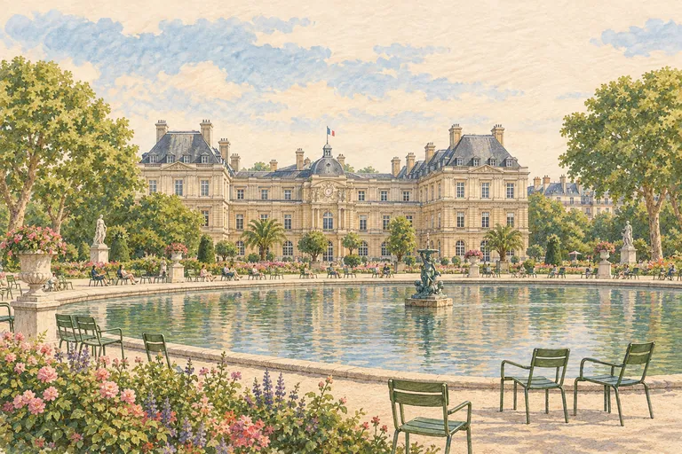 Ilustração original em guache do Jardim de Luxemburgo; uma interpretação, não um mapa de navegação.