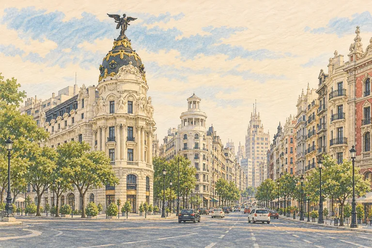 Originalillustration von Madrid im gemeinsamen Grafikstil des Paper City Guide.