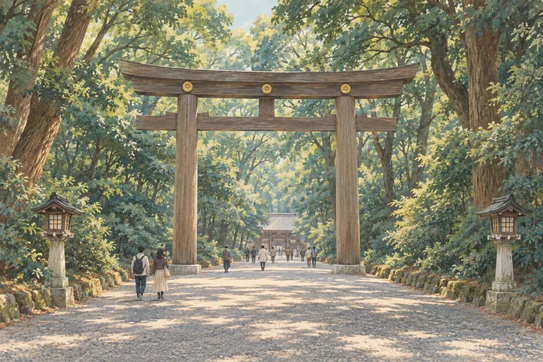 Original gouache illustration: Wooden torii in a green shrine forest.