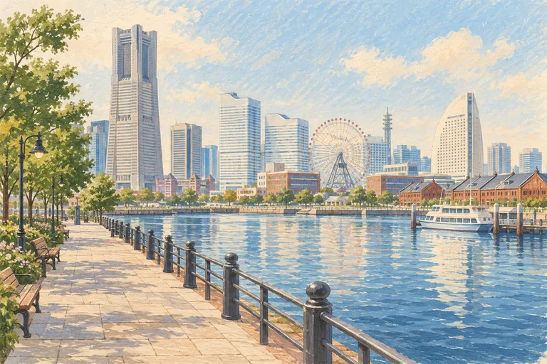 Illustration originale à la gouache du front de mer de Minato Mirai ; une impression interprétative, et non une carte de navigation.