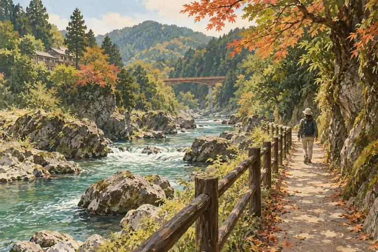 Original gouache illustration of Mitake Gorge Riverside Walk; an interpretive impression, not a navigation map.