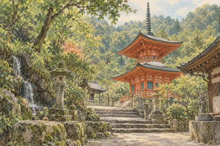 Illustration originale à la gouache du Mitaki-dera ; une impression interprétative, et non une carte de navigation.