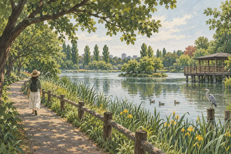 Original gouache illustration of Mizumoto Park; an interpretive impression, not a navigation map.