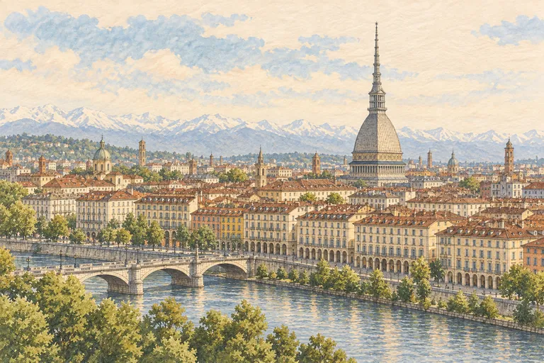 Originale Gouache-Illustration der Mole Antonelliana; eine interpretative Darstellung, keine Navigationskarte.