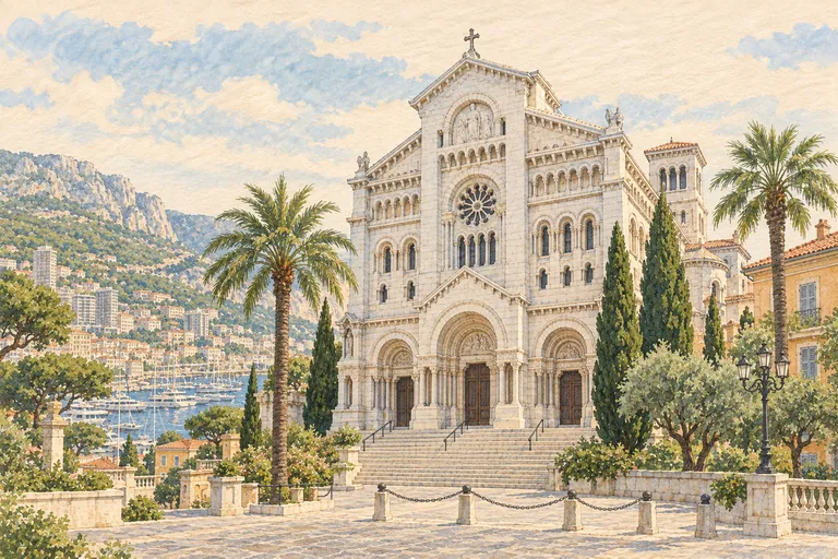 Ilustración original en gouache de la Catedral de Mónaco; una interpretación, no un mapa de navegación.