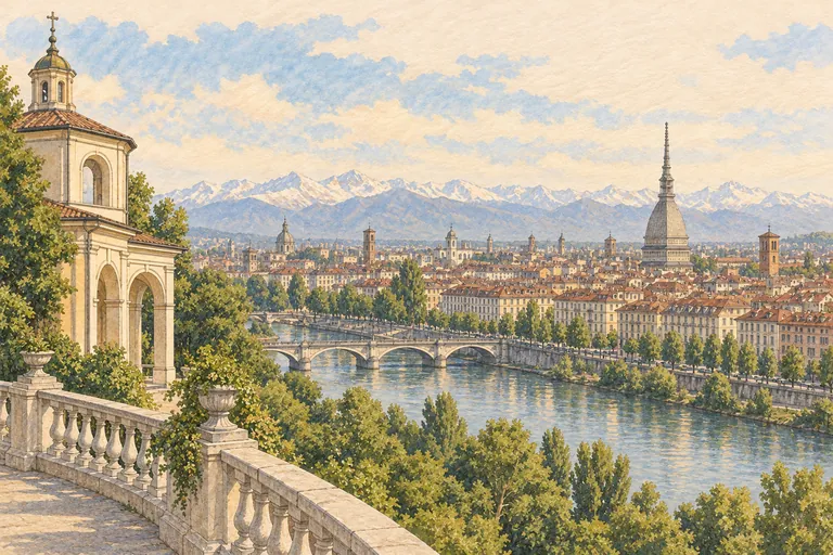 Originale Gouache-Illustration des Monte dei Cappuccini; eine interpretative Darstellung, keine Navigationskarte.