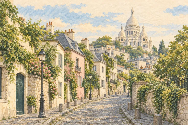 Ilustração original em guache de Montmartre; uma interpretação, não um mapa de navegação.