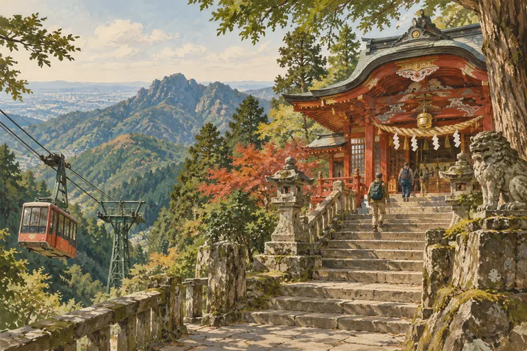Originale Gouache-Illustration des Berges Mitake und des Musashi-Mitake-Schreins; eine interpretative Darstellung, keine Navigationskarte.